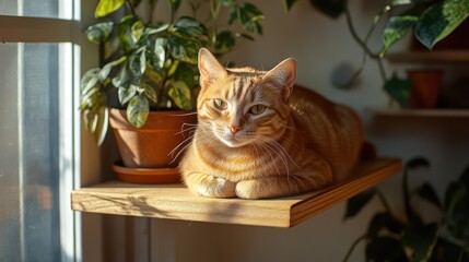 Orange cat sunbathing on windowsill shelf