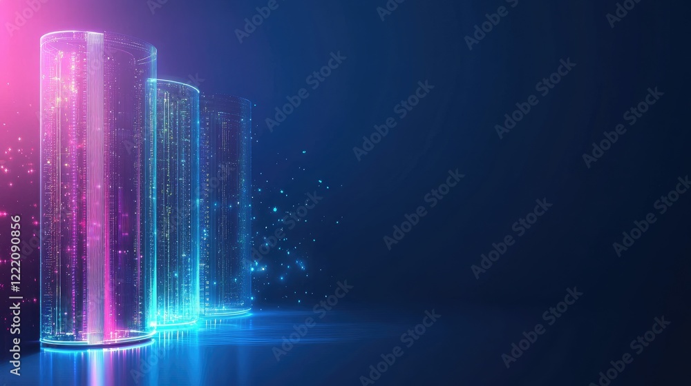 Poster A modern data center with glowing server racks showcasing active cybersecurity operations. The right side is blank, perfect for adding text or graphics for a clean design