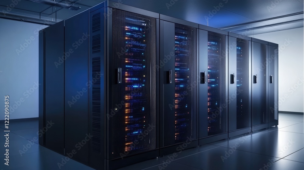 Aufkleber A modern data center with glowing server racks showcasing active cybersecurity operations. The right side is blank, perfect for adding text or graphics for a clean design