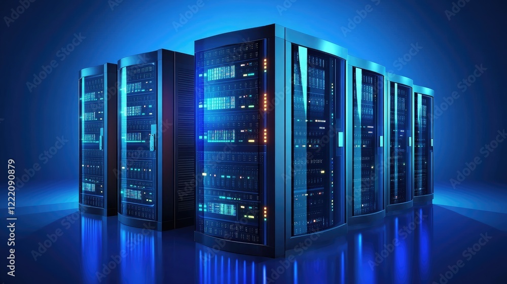 Aufkleber A modern data center with glowing server racks showcasing active cybersecurity operations. The right side is blank, perfect for adding text or graphics for a clean design