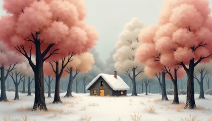 Charming winter cabin surrounded by snowy landscape and colorful trees with pink foliage