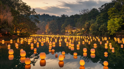Floating lanterns glowing peacefully on a serene lake at dusk