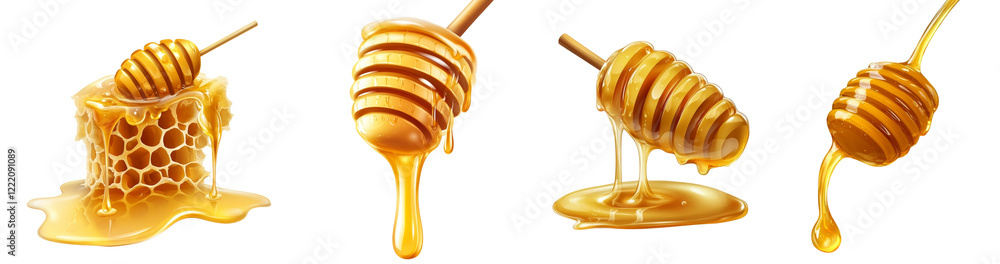 Poster An image showcasing honey dripping from honeycombs and dippers against a black background, highlighting its texture and golden color.