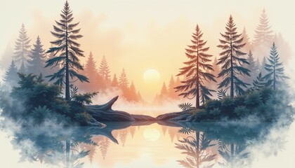 Serene landscape with trees and calm water reflecting the sunrise in a misty atmosphere