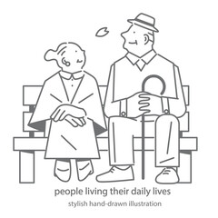 公園のベンチで休憩をするシニア夫婦　シンプルでお洒落な手描きイラスト