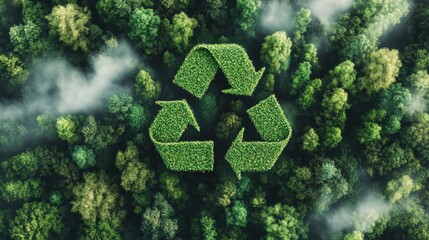 Recycling symbol made of green foliage above lush forest with mist, promoting environmental sustainability and eco-friendly conservation concept