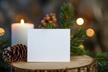 Blank card on wooden log with pine cone and candle background
