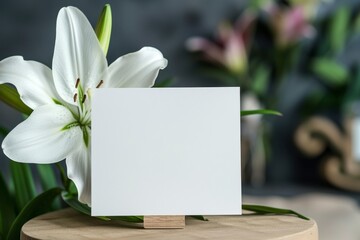 Elegant White Lily Flower with Blank Card on Wooden Stand
