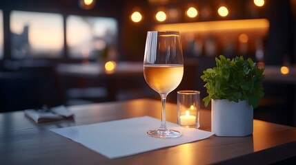 Obraz premium Elegant glass of wine with a lit candle on a wooden table creating a cozy and romantic atmosphere for dining