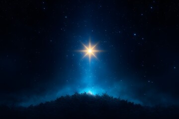 Starry night sky above a silhouette of a tree surrounded by dark clouds and a calm atmosphere at dusk