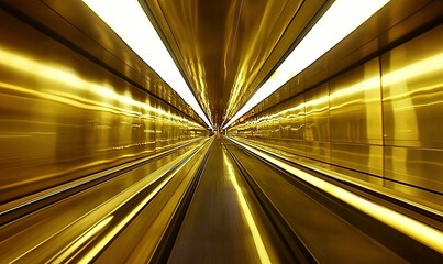 Obraz premium Golden airport moving walkway tunnel with bright lights, for travel and architecture themes