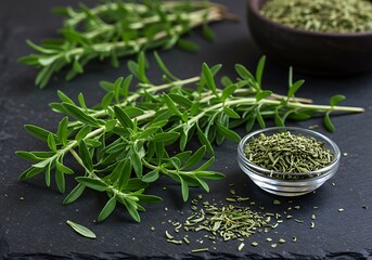 Fresh Summer Savory Herb Sprigs and Dried Culinary Spice