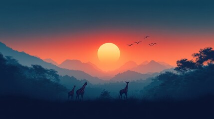 Fototapeta premium Serene Silhouette: Giraffes at Sunset Amidst Hazy Mountains in a Tranquil African Landscape