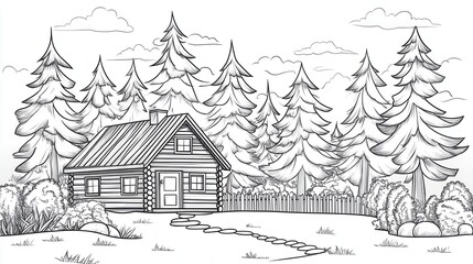 Naklejka premium Cozy log cabin in a serene forest with tall pine trees