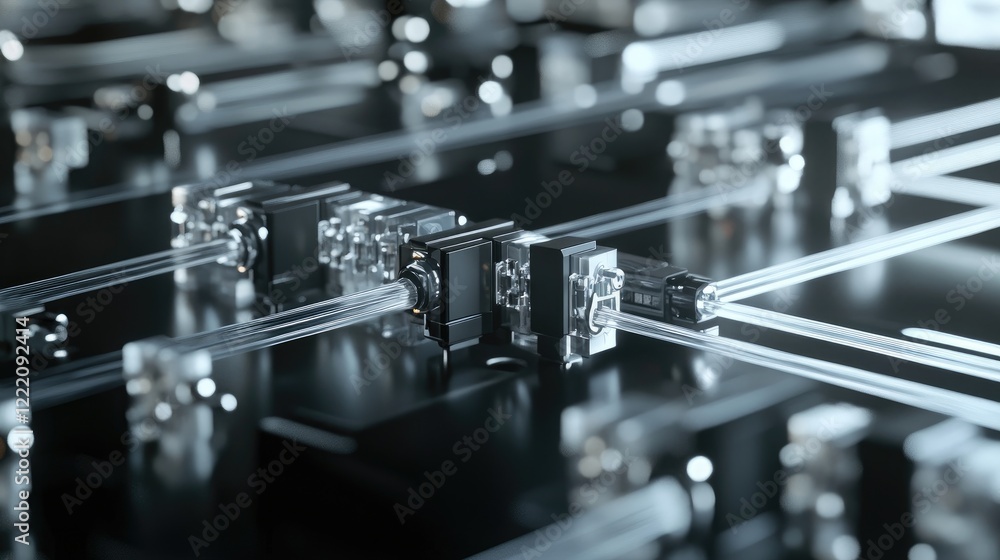 Poster a precise arrangement of fiber optic connectors linked to a control box in a clean, professional set