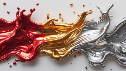 Abstract background with red, gold, and silver liquid splashes.  Concept of luxury, elegance, and vibrant energy.