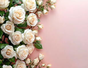 white roses on pink background. floral card festive.