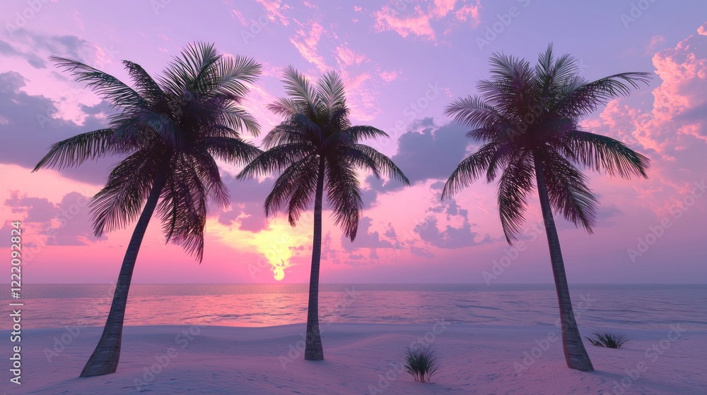 Aufkleber three majestic palm trees reach towards a colorful sky as the sun dips below the horizon. soft sands