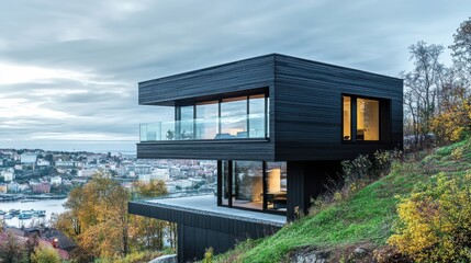 Modern Black House on Hill Overlooking Urban Landscape at Dusk