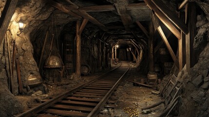 Naklejka premium A rustic, underground gold mine tunnel with old tracks, wooden beams, and tools, evoking the past mining industry and the hunt for gold deep below the surface