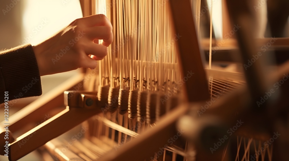Poster closeup shot of a weaver s hands carefully threading colorful yarn through the intricate mechanisms 