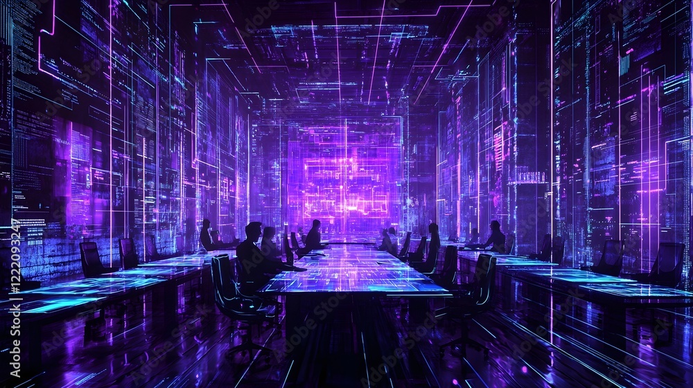 Poster a conference room filled with holographic strategic charts and team members engaged in enthusiastic 