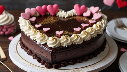 A rich chocolate heart-shaped cake filled with dark ganache, surrounded by velvety buttercream, and topped with fondant hearts and edible gold dust.