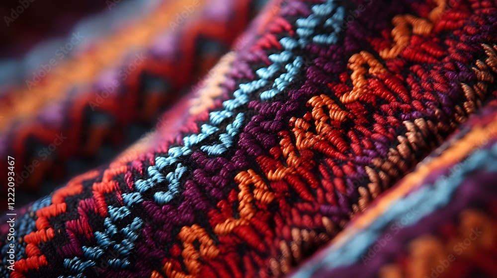 Poster macro shot of an intricate handwoven fabric displaying captivating geometric patterns and a vibrant 