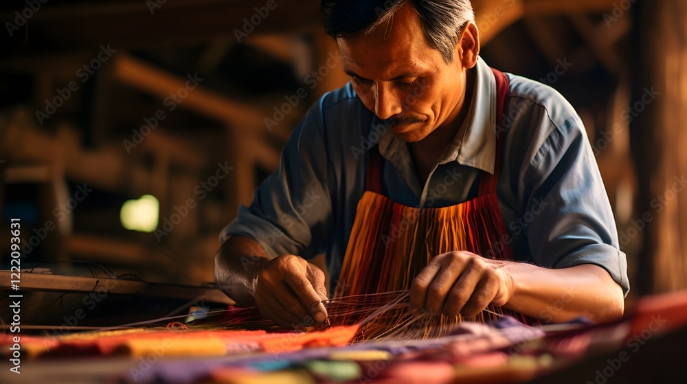 Poster skilled artisan weaver creating a beautifully detailed and colorful tapestry in a cozy rustic worksh