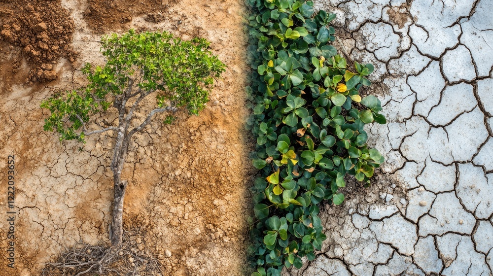 Aufkleber a side-by-side image of drought and lush growth, symbolizing the transformation from environmental d