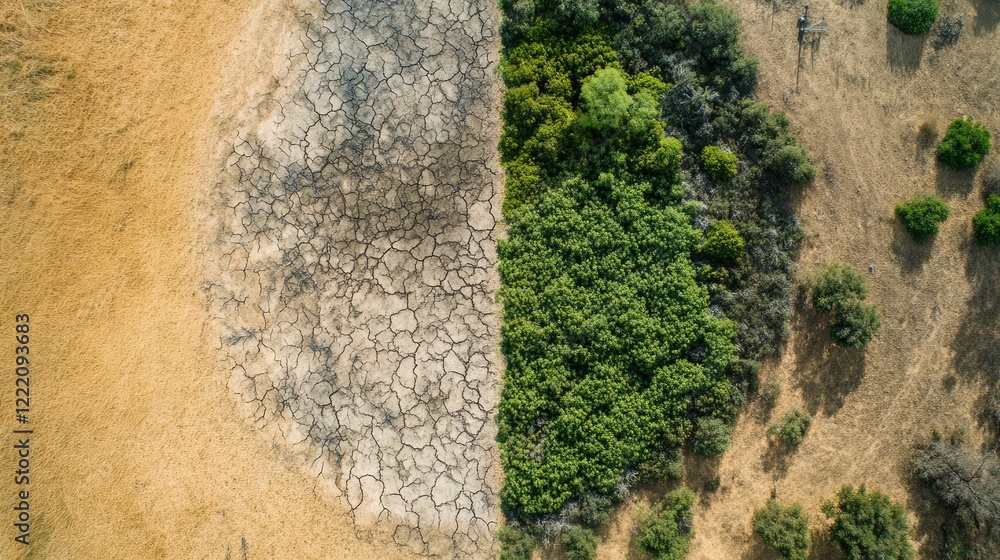 Aufkleber a side-by-side image of drought and lush growth, symbolizing the transformation from environmental d