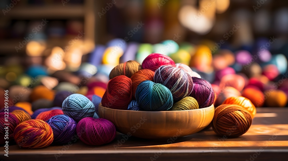 Poster an array of colorful yarn balls neatly arranged next to a traditional wooden weaving loom in a cozy 