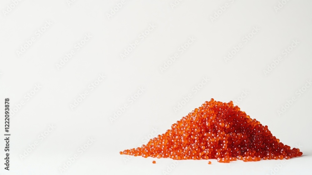 Poster A simple yet elegant image of a pile of glistening red caviar on a white background, creating a minimalistic, high-end feel with ample space for text or design elements