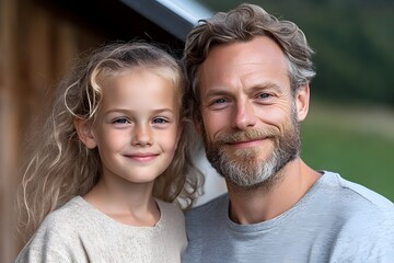 Fototapeta premium Smiling man and little girl enjoying a joyful moment together in bright outdoor setting full of happiness and love