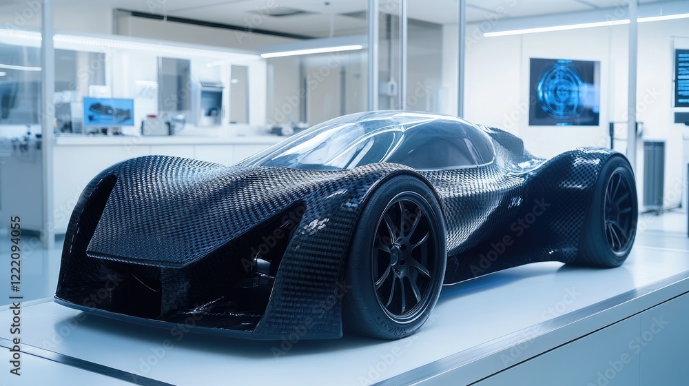 Poster a sleek carbon fiber electric vehicle chassis displayed in a high-tech lab with holographic elements