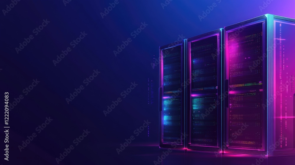 Aufkleber A sleek data center with illuminated server racks, symbolizing cybersecurity activity. The clean right side offers a space for text or branding elements