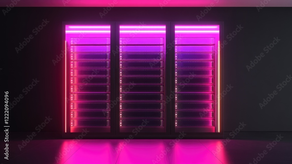 Poster A sleek data center with illuminated server racks, symbolizing cybersecurity activity. The clean right side offers a space for text or branding elements