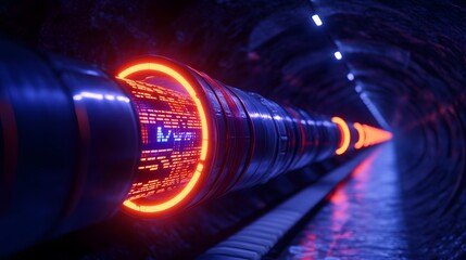 Tunnel with red light emerging from darkness creating an eerie atmosphere for dramatic visual impact and interest