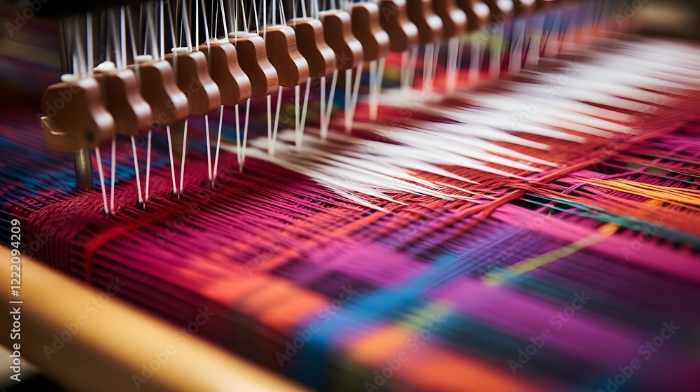 Poster close up view of tightly arranged threads on a traditional weaving loom meticulously aligned and rea