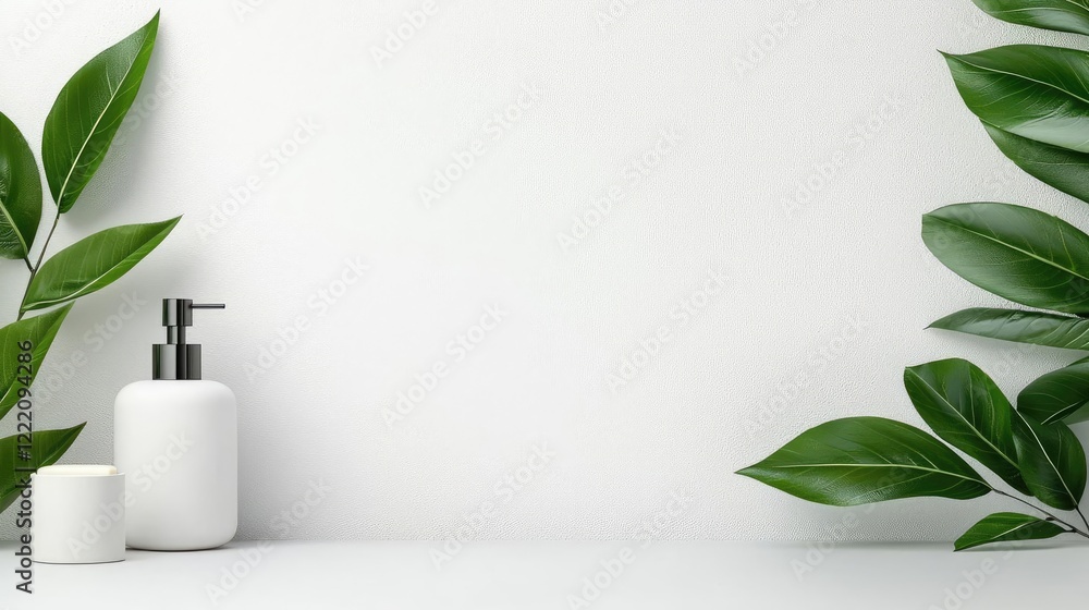 Poster clean design minimalist concept. clean and minimalistic bathroom setup with soap and lush green leav