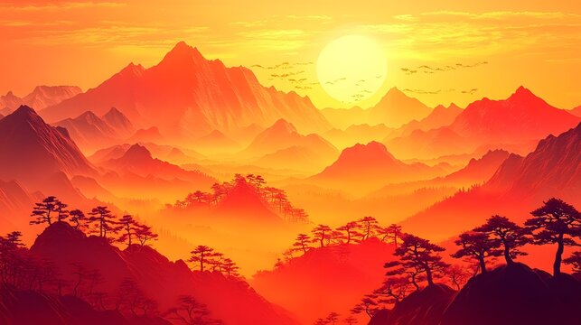 A vibrant Chinese New Year themed landscape with flowing mountains golden trees and glowing red tones illuminated by a serene warm sunlit atmosphere