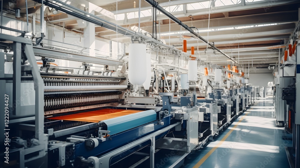 Poster an image of a contemporary textile factory with advanced automated weaving machines in full the effi