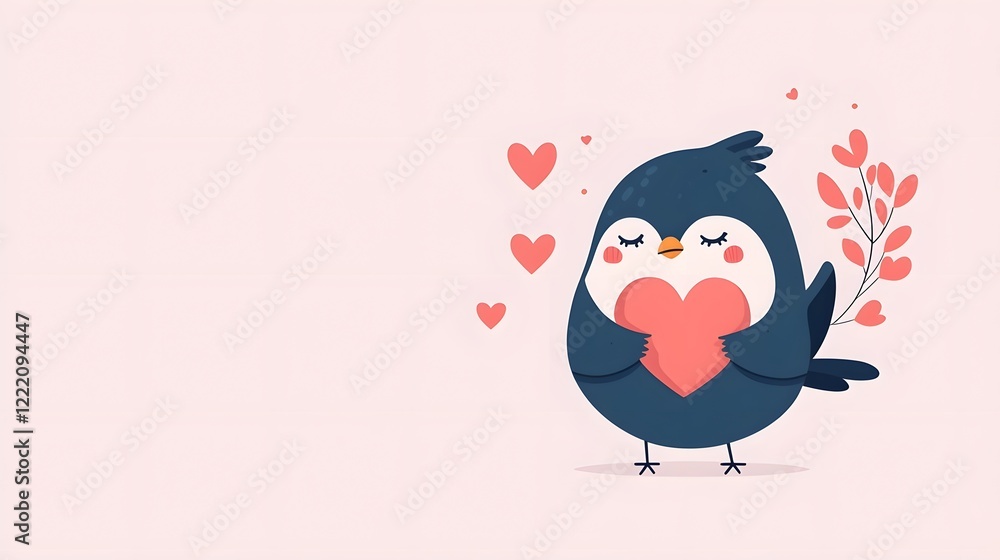 Poster adorable flat design of a tiny cartoon bird character gently carrying a red heart shape in its beak 
