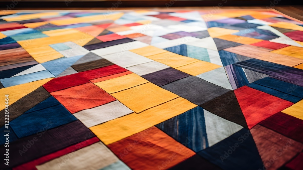 Poster exquisite woven rug with mesmerizing geometric patterns displayed on a warm wooden floor creating a 