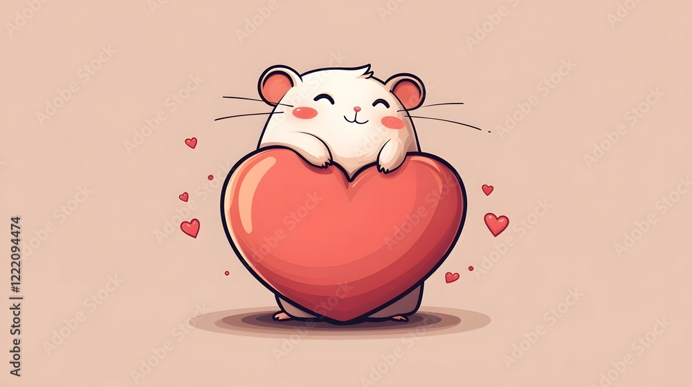 Poster adorable of a chubby fuzzy hamster character sitting snugly inside a red heart shaped design with mi