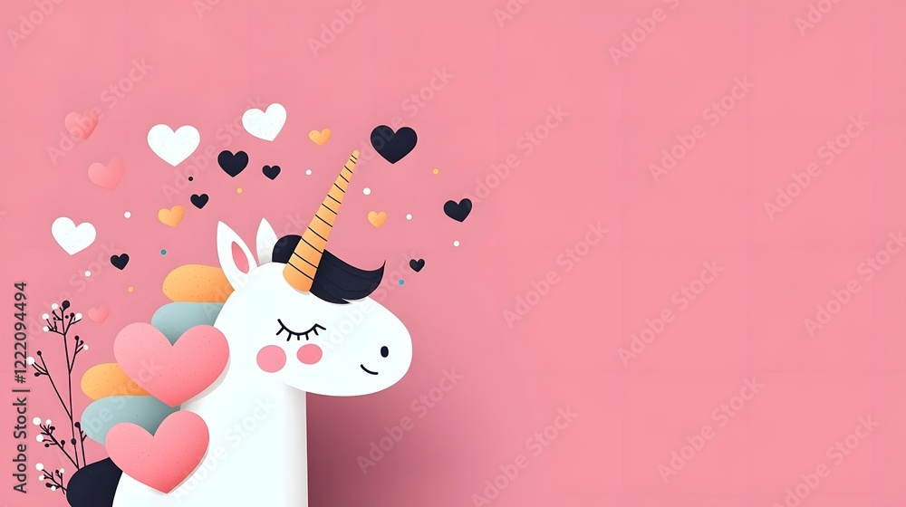 Poster adorable unicorn with a magical rainbow heart shaped mane in a flat minimalist style with plenty of 