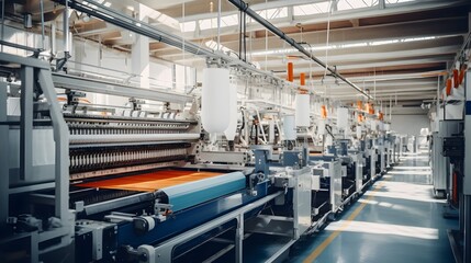 An image of a contemporary textile factory with advanced automated weaving machines in full the efficiency and technology of modern textile manufacturing processes