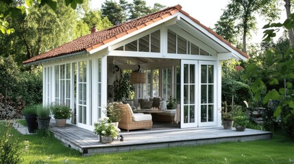 Fototapeta premium Cozy Glass-Fronted Garden House with Modern Furniture and Greenery