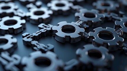 Advanced digital systems business technology futuristic 3D with metallic gears and cogs on a dark moody background