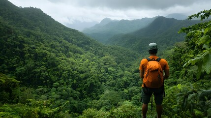 Adventurer ziplining through a dense rainforest canopy experiencing the thrill and of in the wilderness Aerial perspective showcasing the lush tropical landscape and the adventurer s daring exploits
